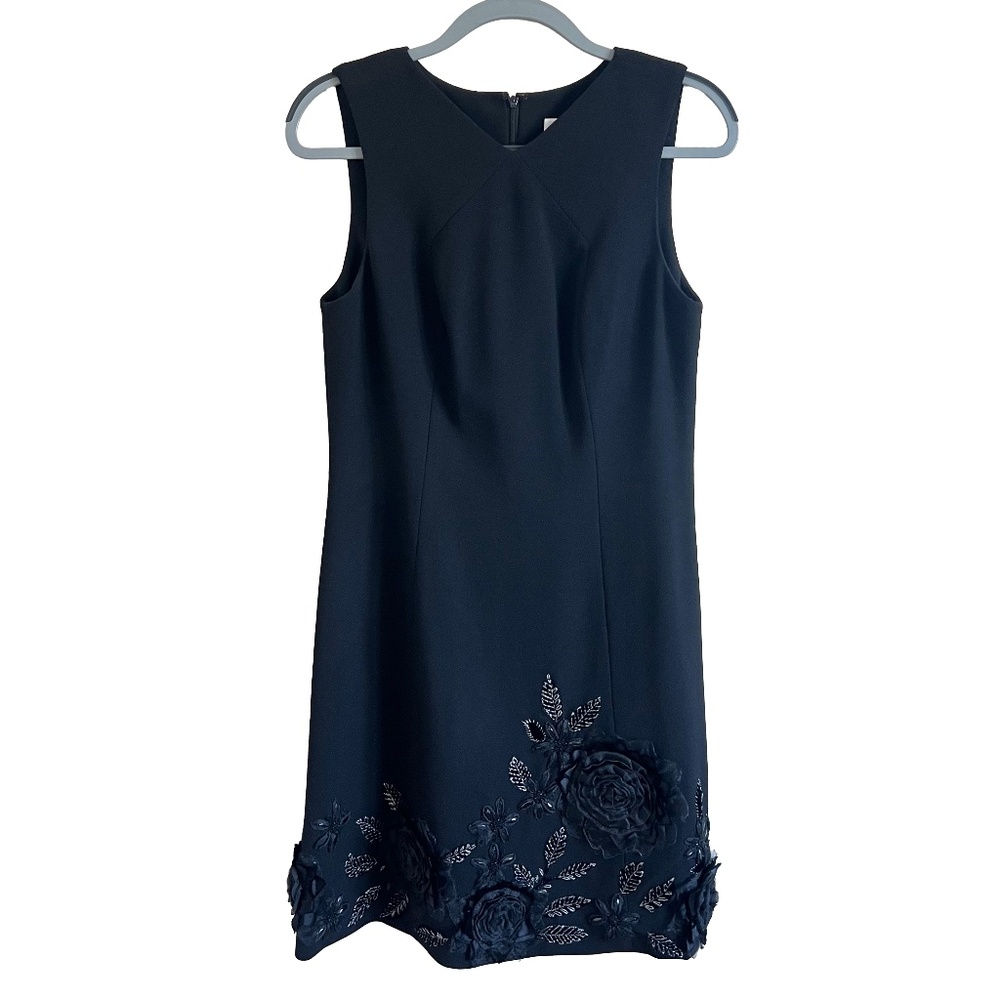 NWOT Badgley Mischka Black Wool Crepe Floral Embroidered A-Line Dress